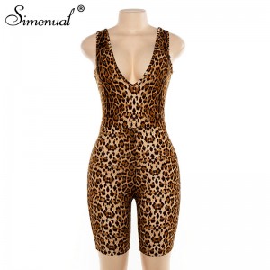 Simenual Leopard V Neck Fitness Biker Playsuits Sleeveless Sexy Fashion Rompers Womens Jumpsuits Skinny Summer Slim Playsuit Hot